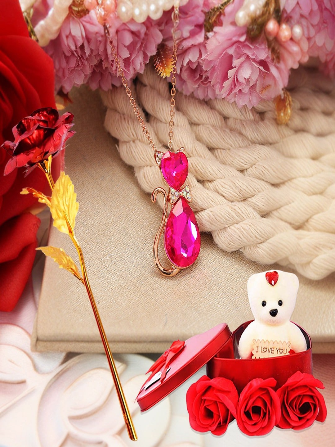 

UNIVERSITY TRENDZ 3PCs Red & Pink Pendent Teddy & Rose With A Box Set