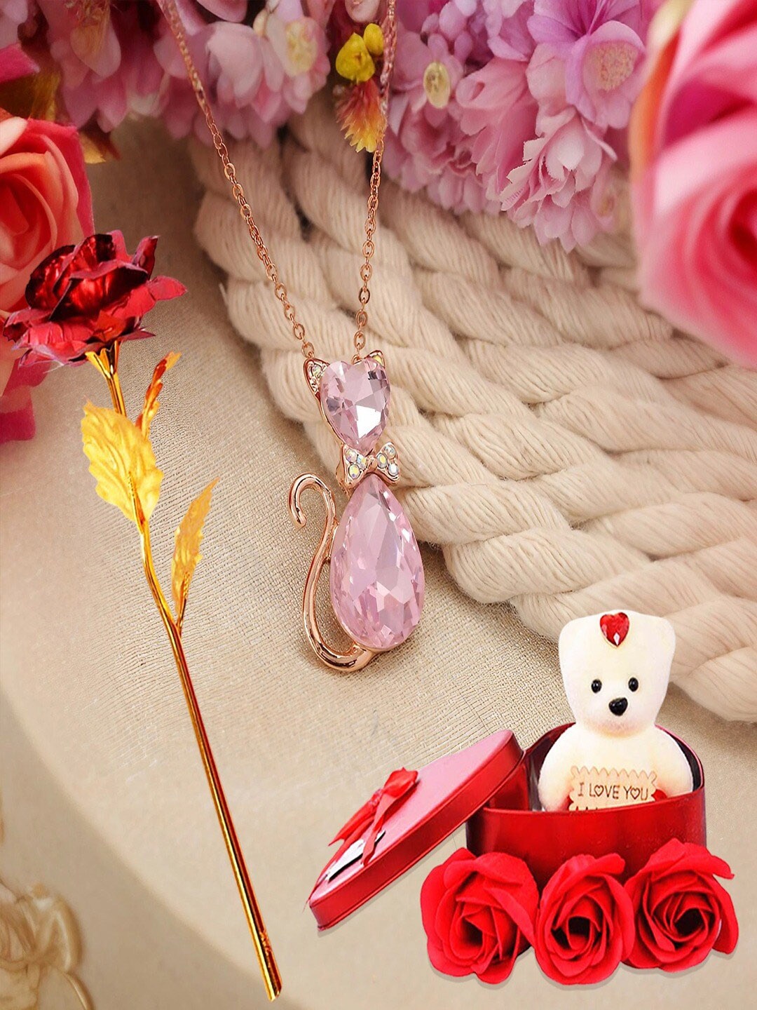 

UNIVERSITY TRENDZ 3PCs Red & Pink Pendent Teddy & Rose With A Box Set