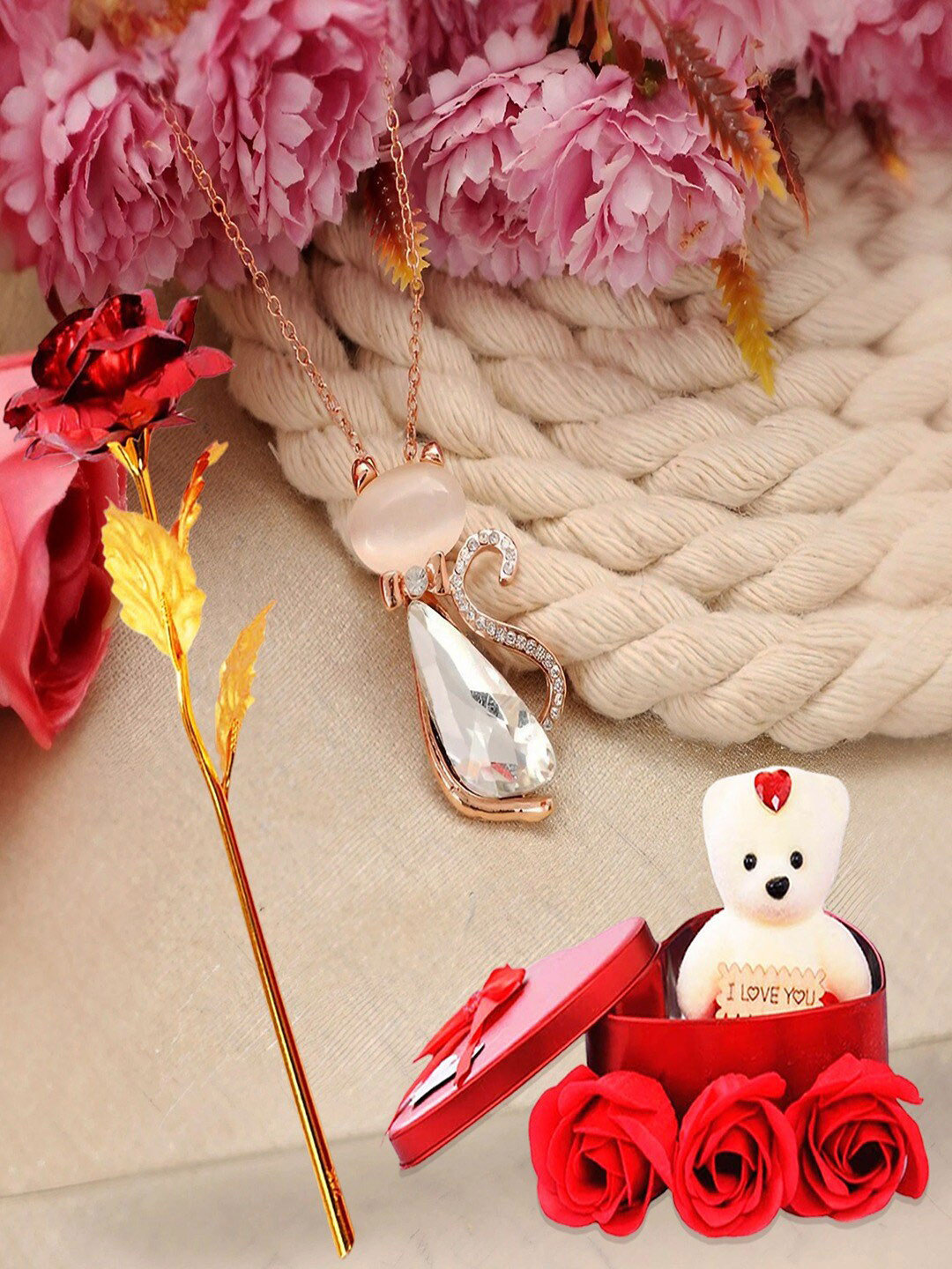 

UNIVERSITY TRENDZ 3PCs Red & Beige Pendent Teddy & Rose With A Box Set