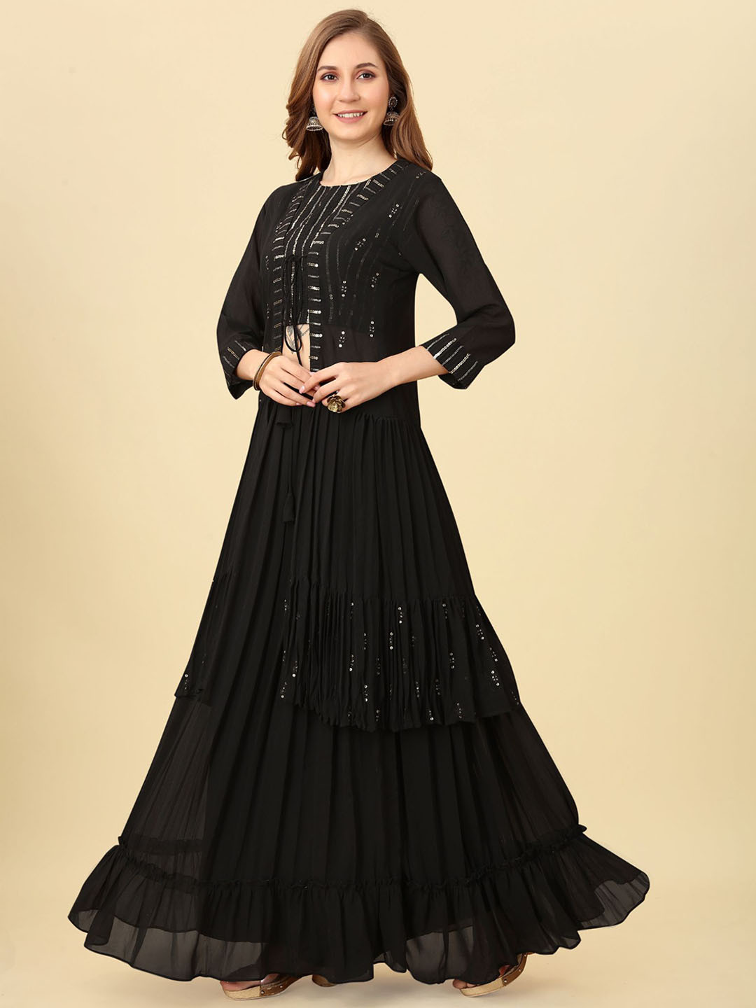

KALINI Embroidered Top, Skirt And Shrug Co-Ords, Black