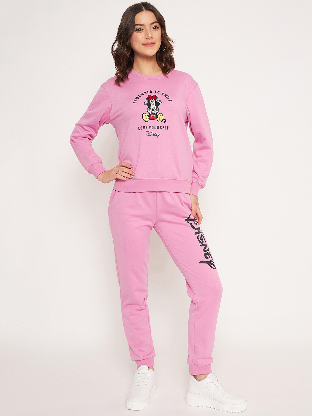 

MADAME M SECRET Mickey & Minnie Mouse Printed Round-Neck Sweatshirt with Joggers, Pink