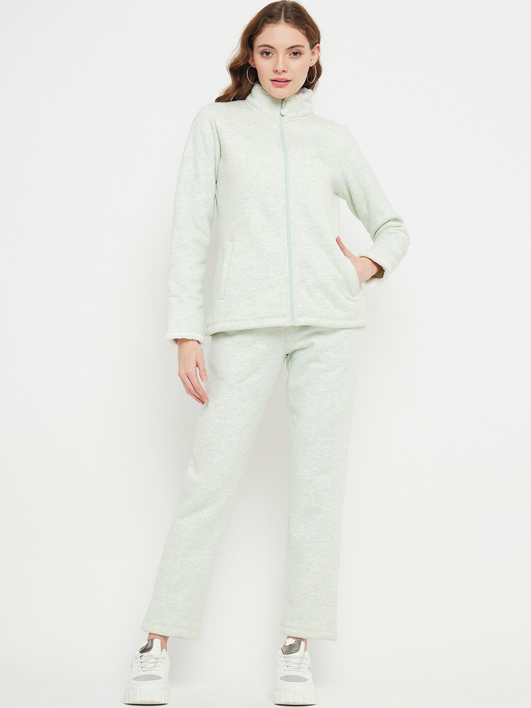 

MADAME M SECRET Mock Collar Front-Open Sweatshirt with Track Pants, Green