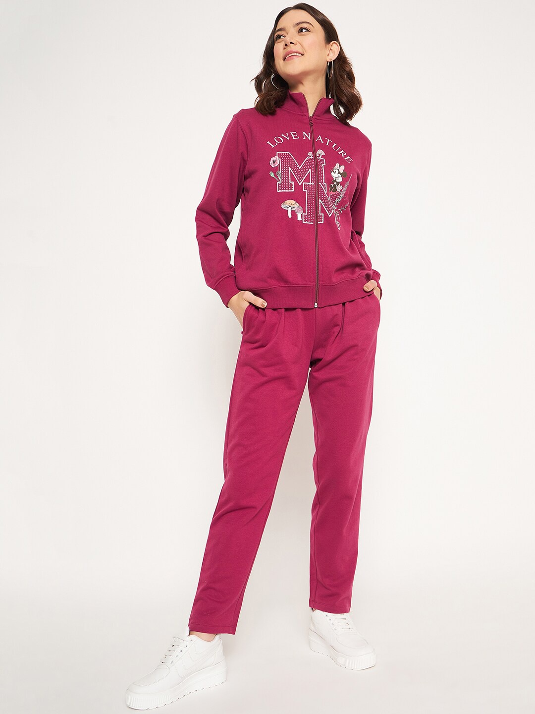 

MADAME M SECRET Printed Mock Collar Long Sleeves Sweatshirt With Trousers, Pink