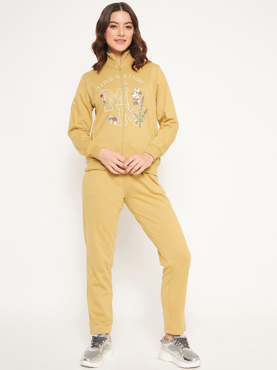 

MADAME M SECRET Minnie Mouse Printed Mock-Collar Front-Open Sweatshirt with Track Pants, Mustard