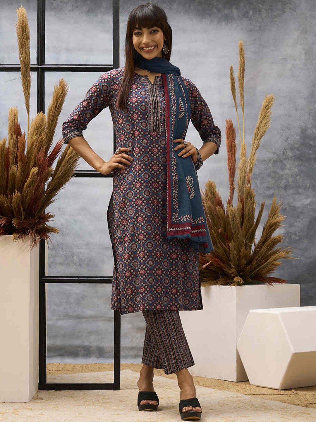 

ZOLA Comfort Fit Ajrak Printed Pure Cotton Kurta with Trousers & Dupatta, Blue