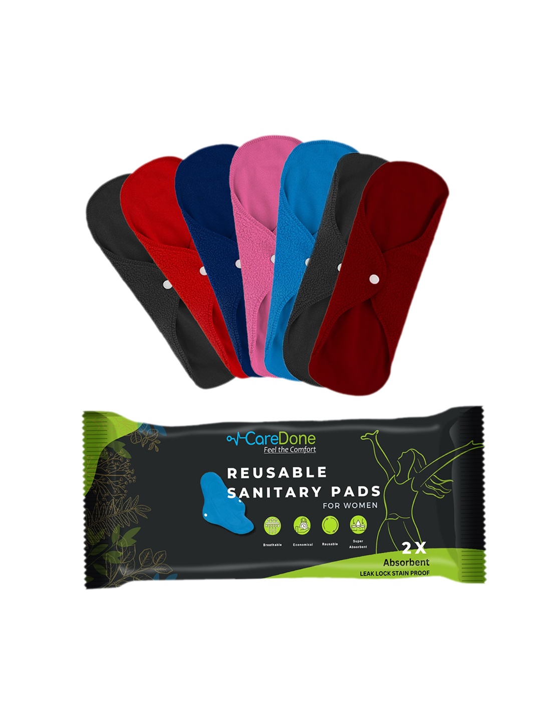 

CareDone Set Of 7 Reusable Very Absorbent Cloth Sanitary Pads, Black