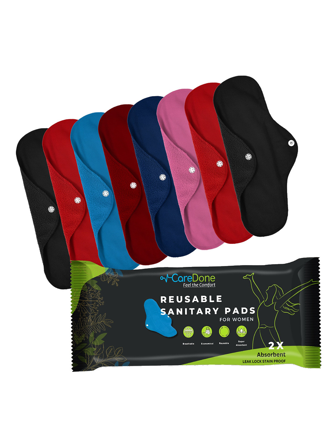 

CareDone Set Of 8 Reusable Very Absorbent Cloth Sanitary Pads, Black