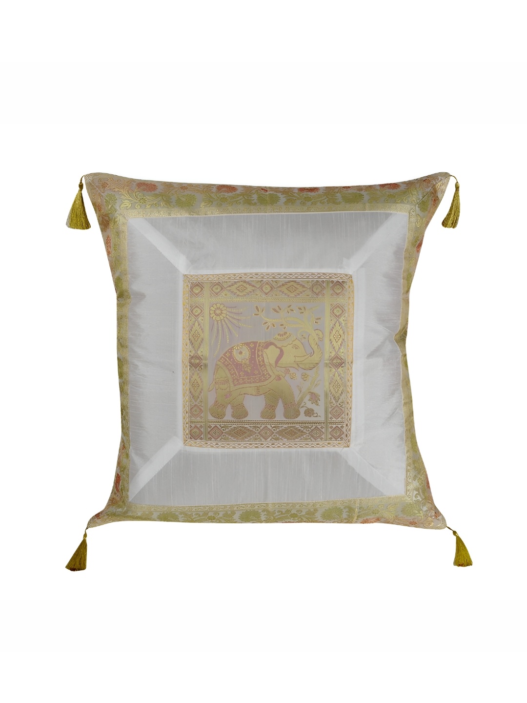 

Lal Haveli White & Gold Toned Ethnic Motifs Silk Square Cushion Cover