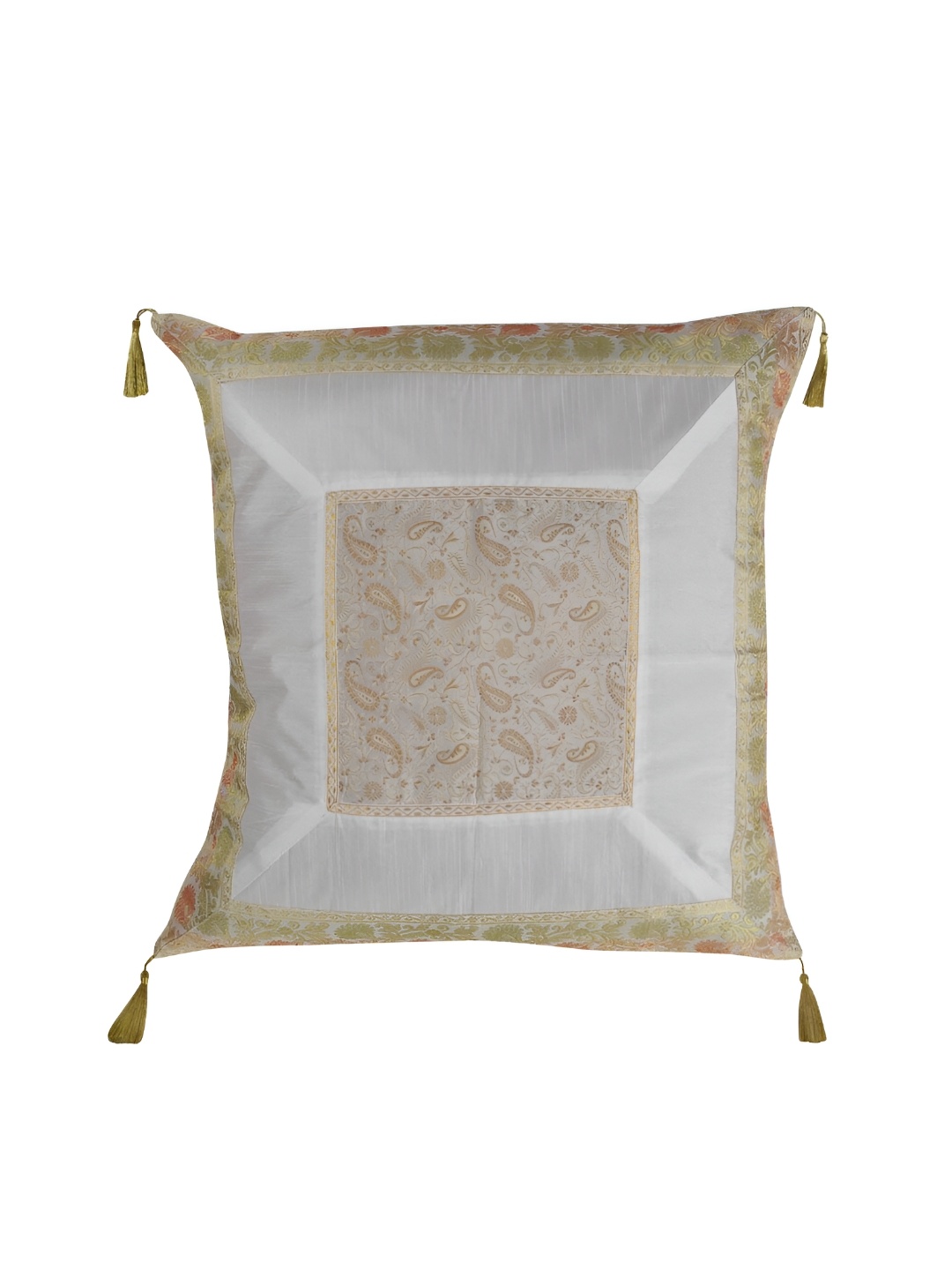 

Lal Haveli White & Gold Toned Ethnic Motifs Silk Square Cushion Cover