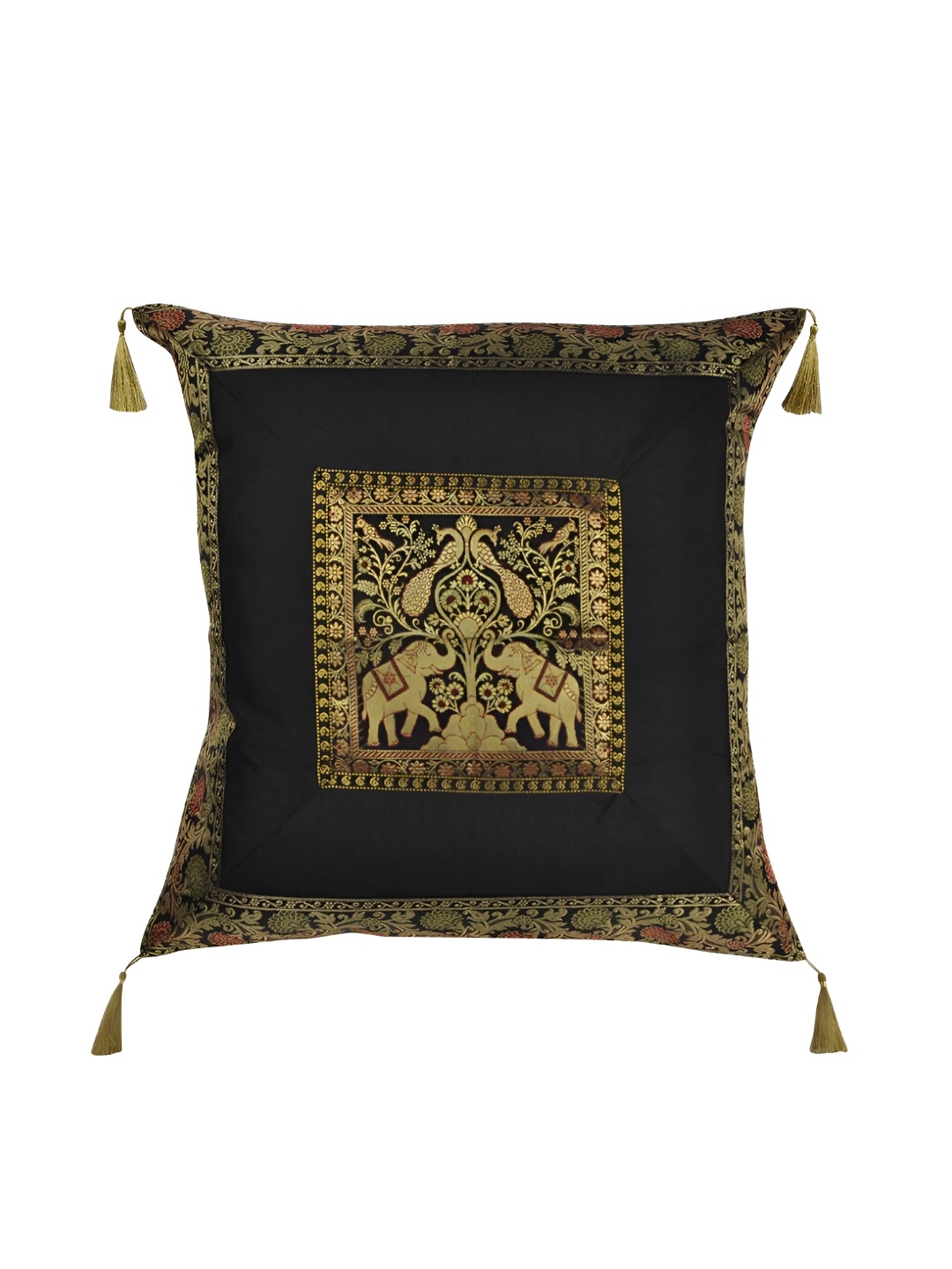 

Lal Haveli Black & Gold Toned Ethnic Motifs Silk Square Cushion Cover