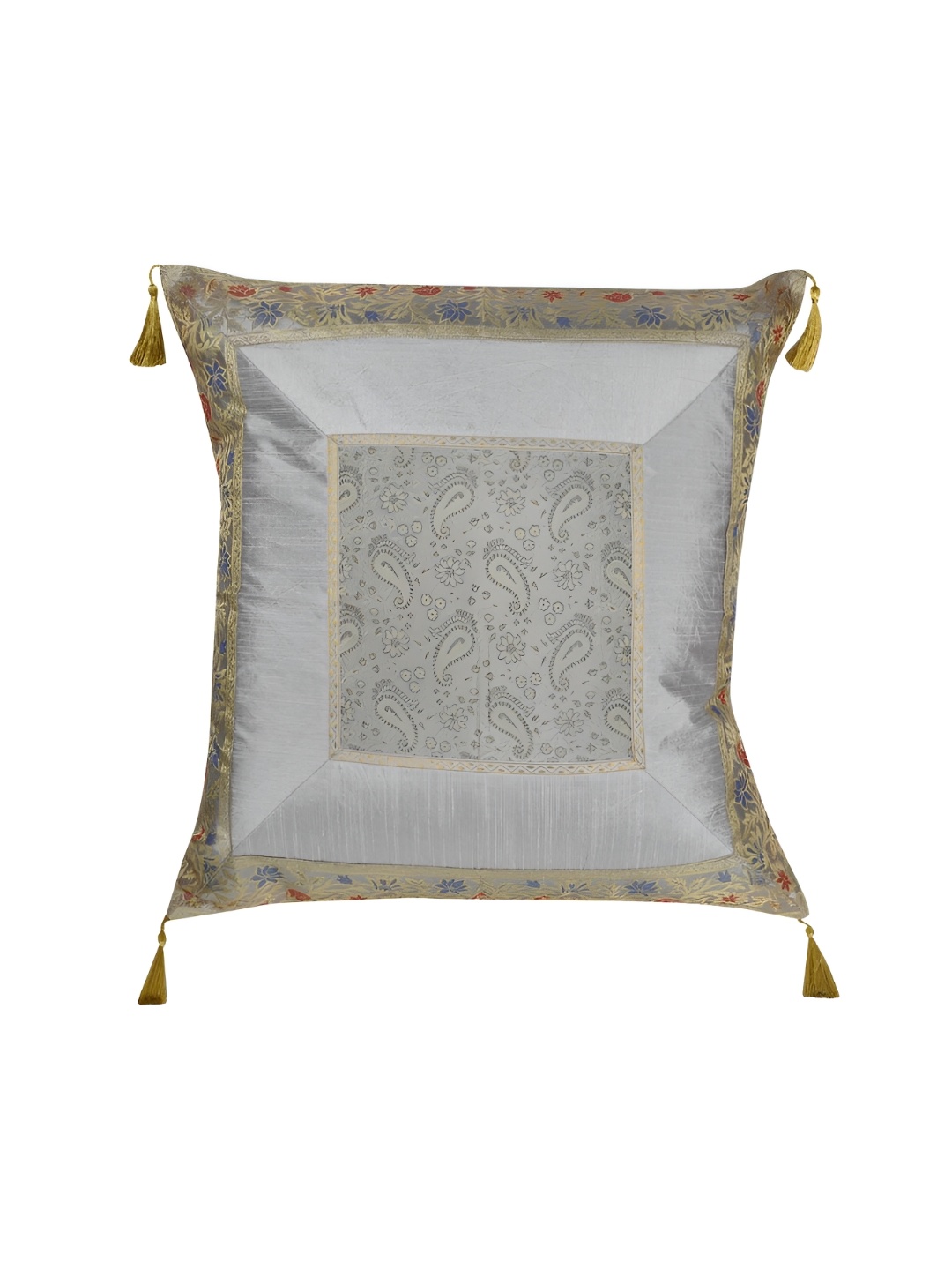 

Lal Haveli Grey & Gold Toned Ethnic Motifs Silk Square Cushion Cover