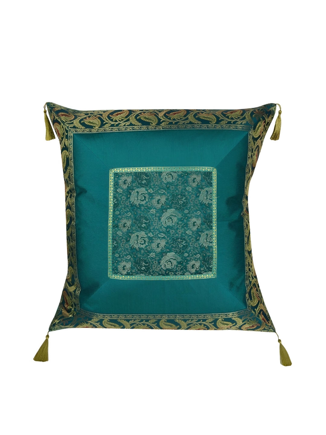 

Lal Haveli Green & Gold Toned Ethnic Motifs Silk Square Cushion Cover