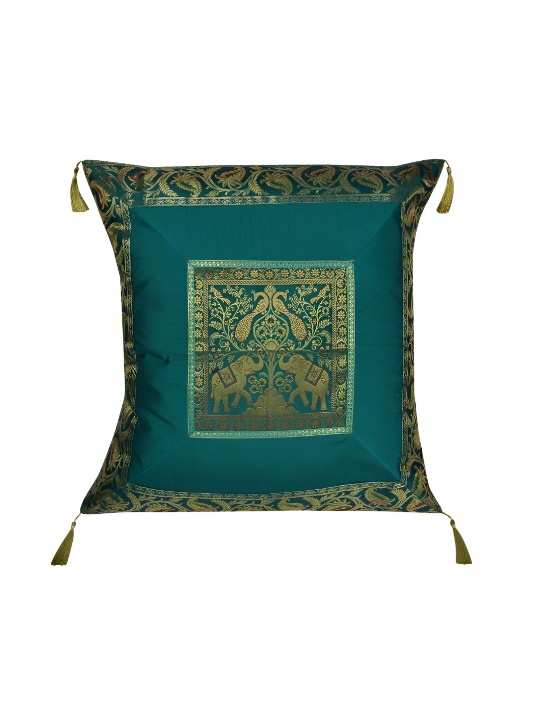 

Lal Haveli Green &Gold Toned Ethnic Motifs Silk Square Cushion Cover