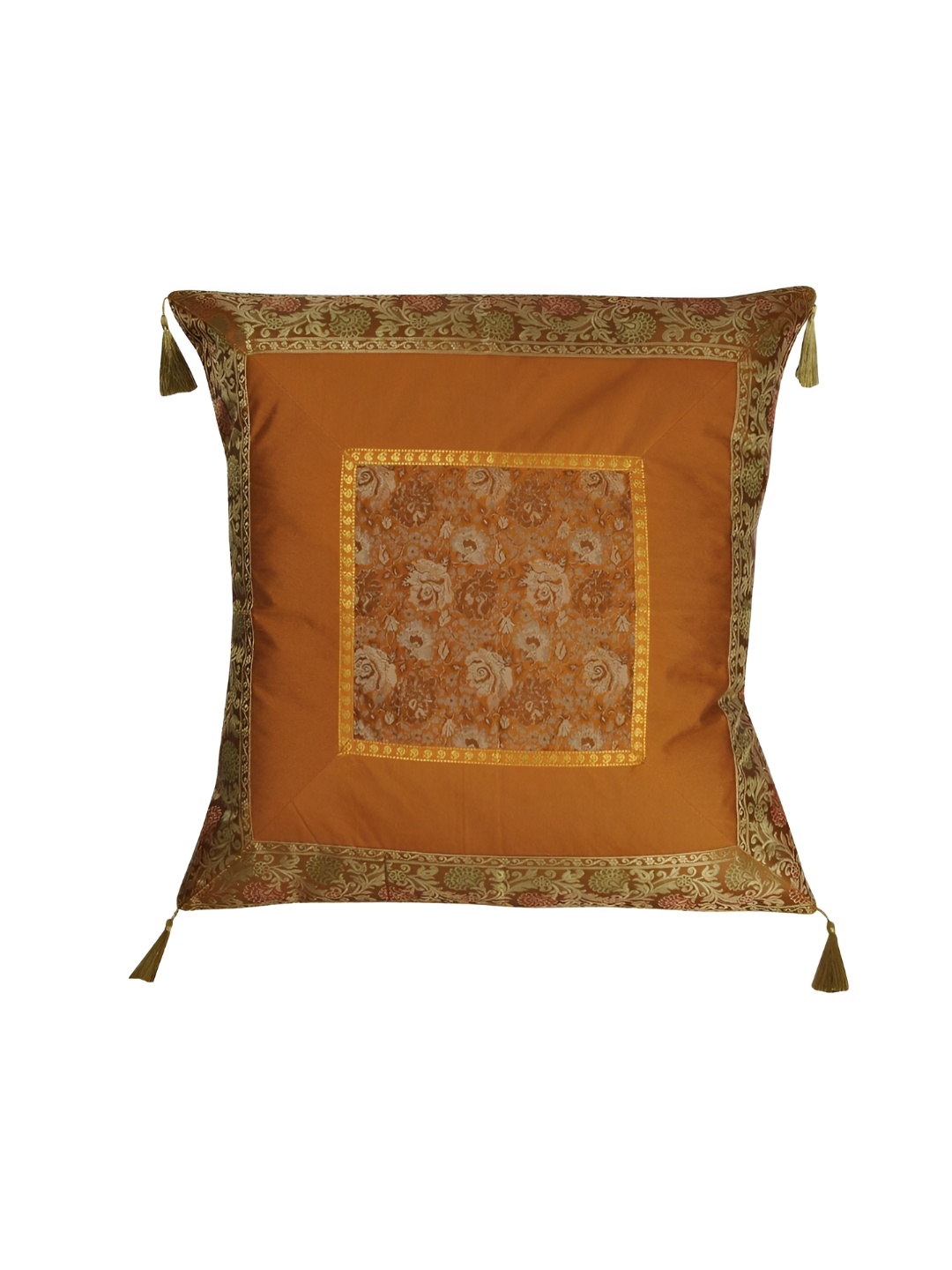 

Lal Haveli Gold Toned Ethnic Motifs Silk Square Cushion Cover