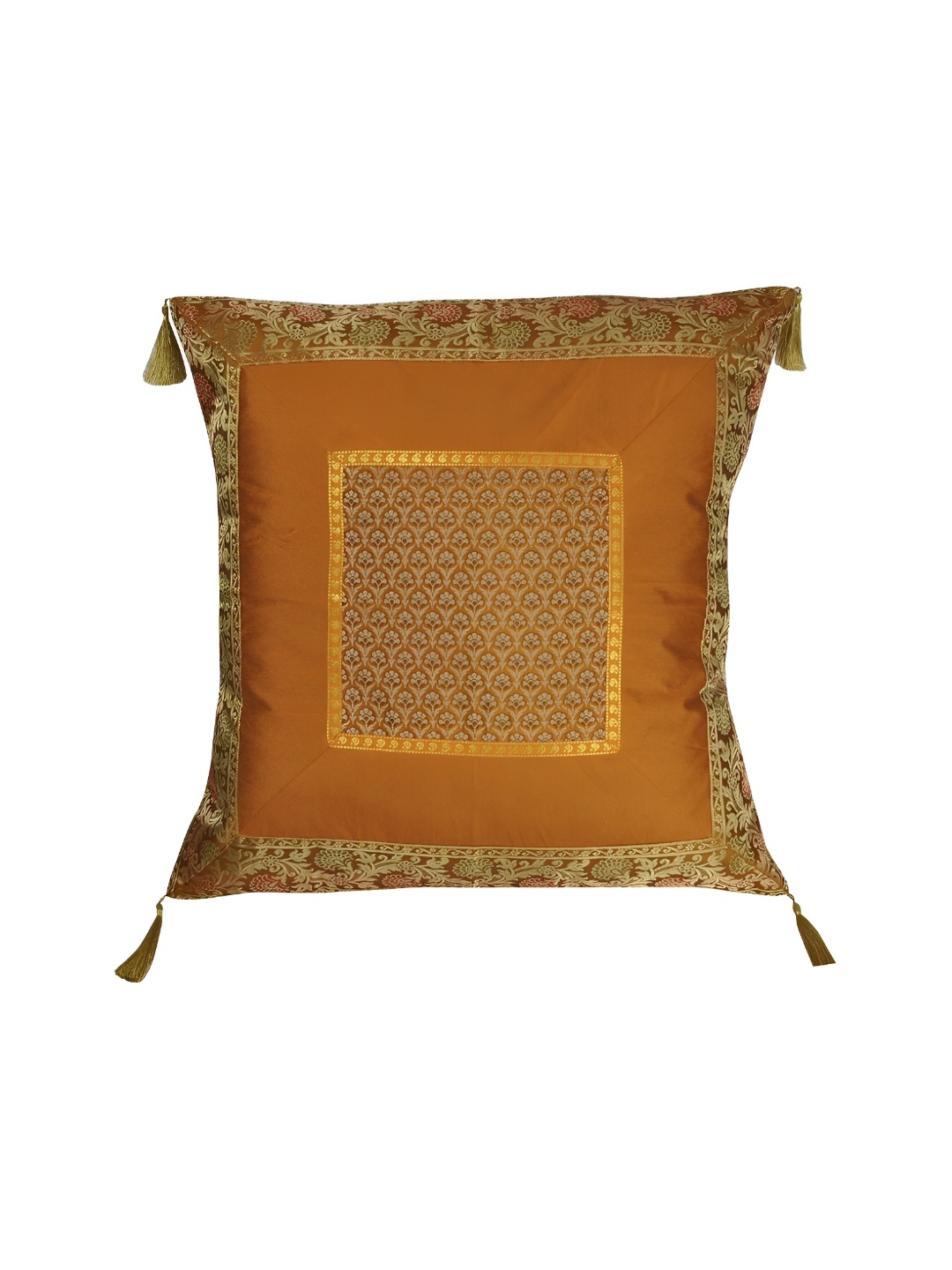 

Lal Haveli Gold Toned Ethnic Motifs Silk Square Cushion Cover