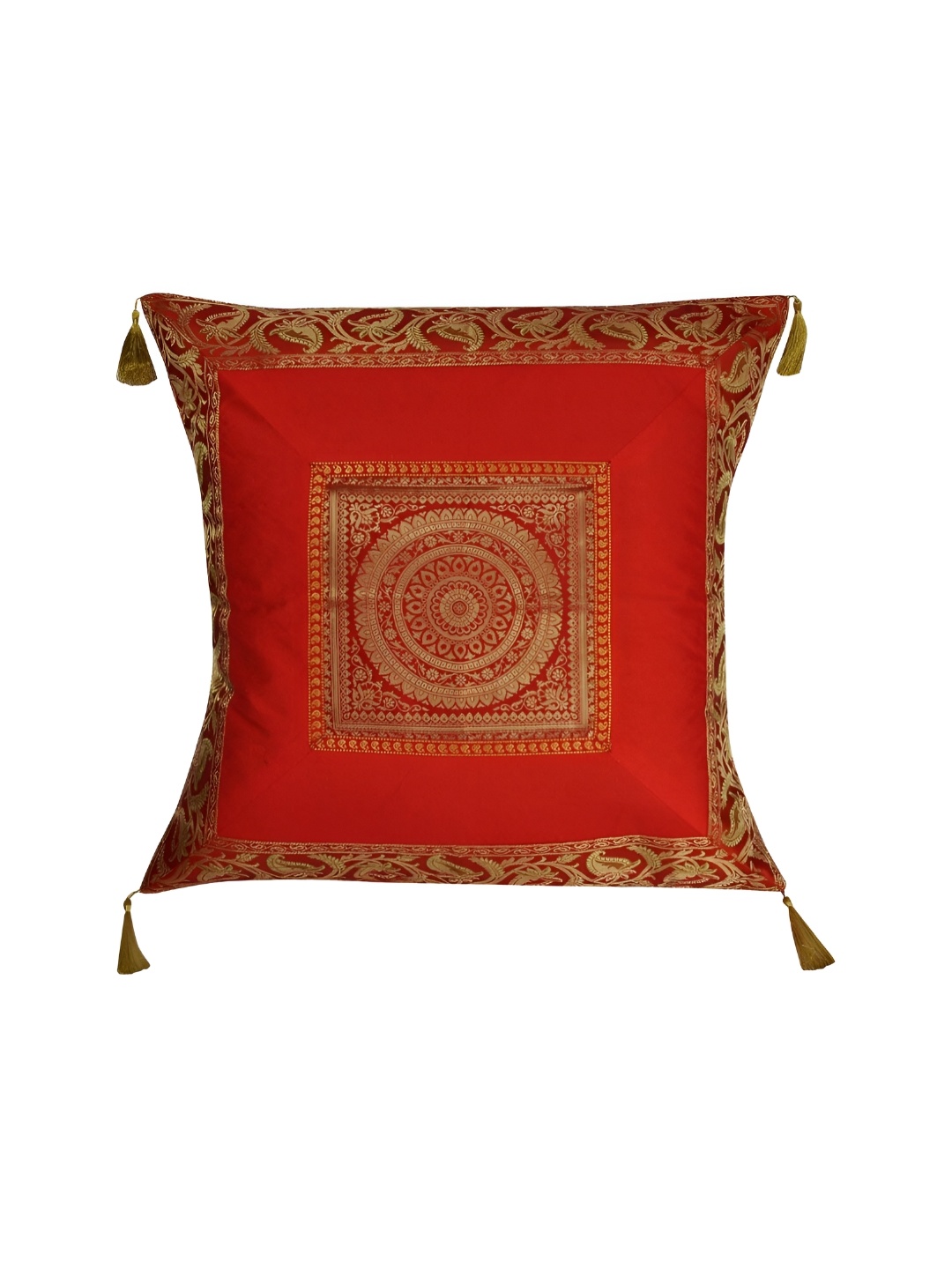 

Lal Haveli Red & Gold Toned Ethnic Motifs Silk Square Cushion Cover