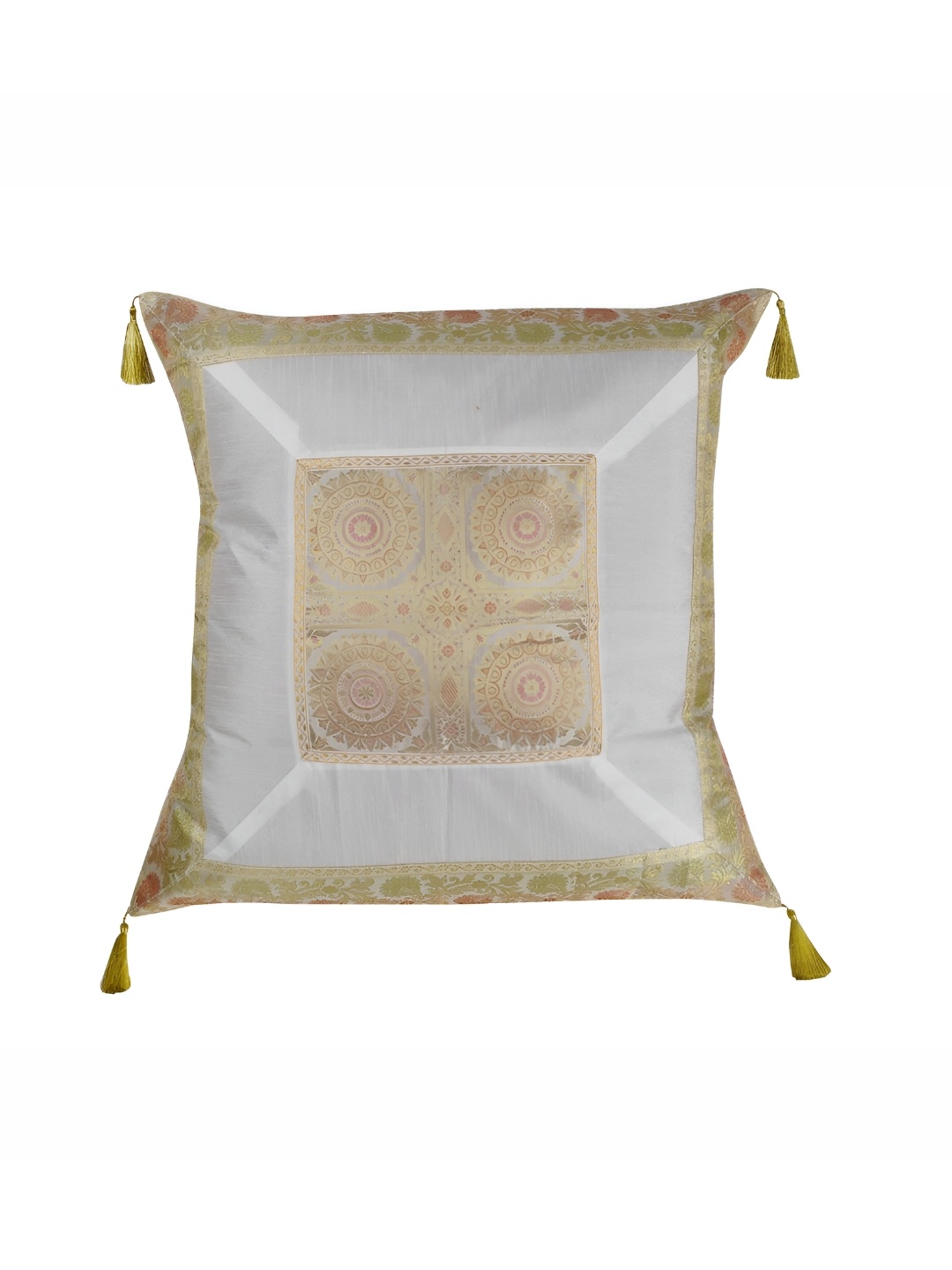 

Lal Haveli White & Gold Toned Ethnic Motifs Silk Square Cushion Cover