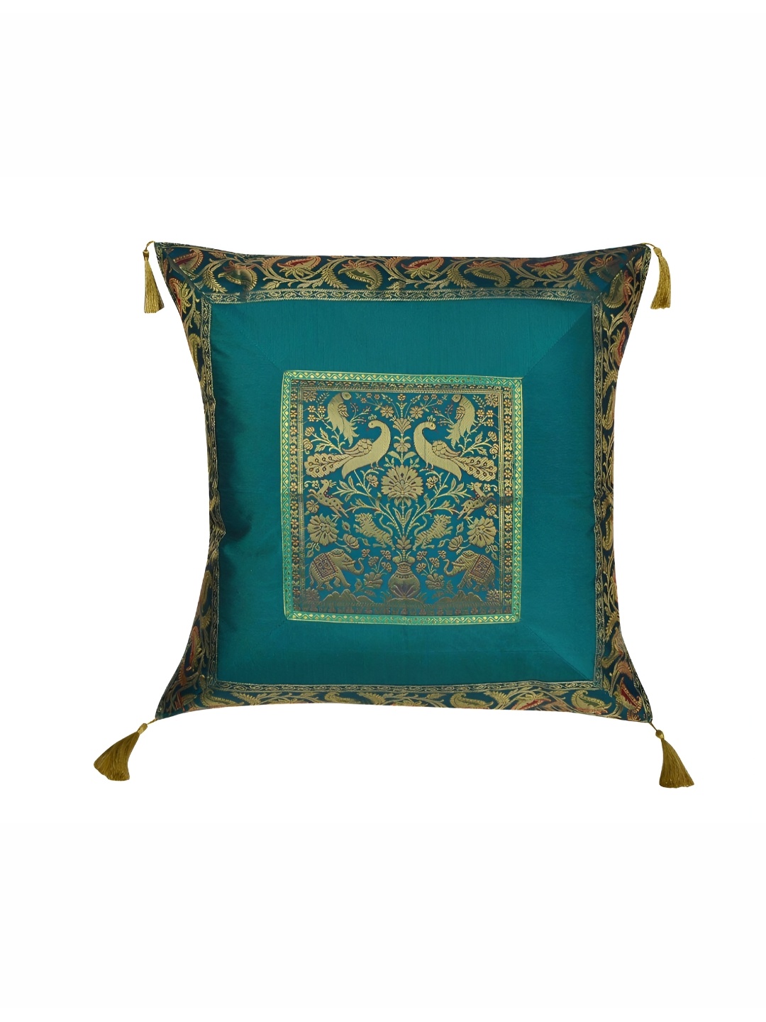 

Lal Haveli Green & Gold Toned Ethnic Motifs Silk Square Cushion Cover
