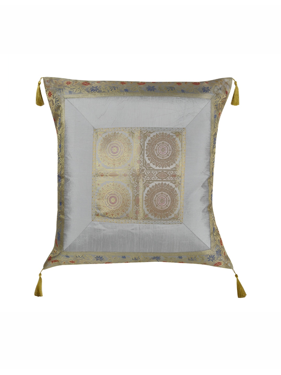 

Lal Haveli Grey & Gold Toned Ethnic Motifs Silk Square Cushion Cover