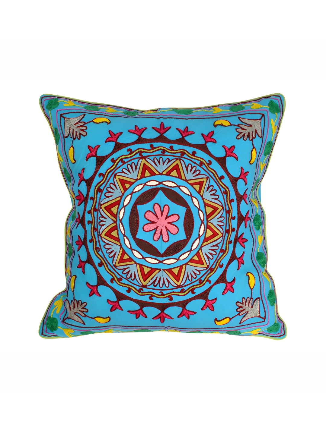 

Lal Haveli Turquoise Blue & Yellow Ethnic Motifs Silk Square Cushion Cover