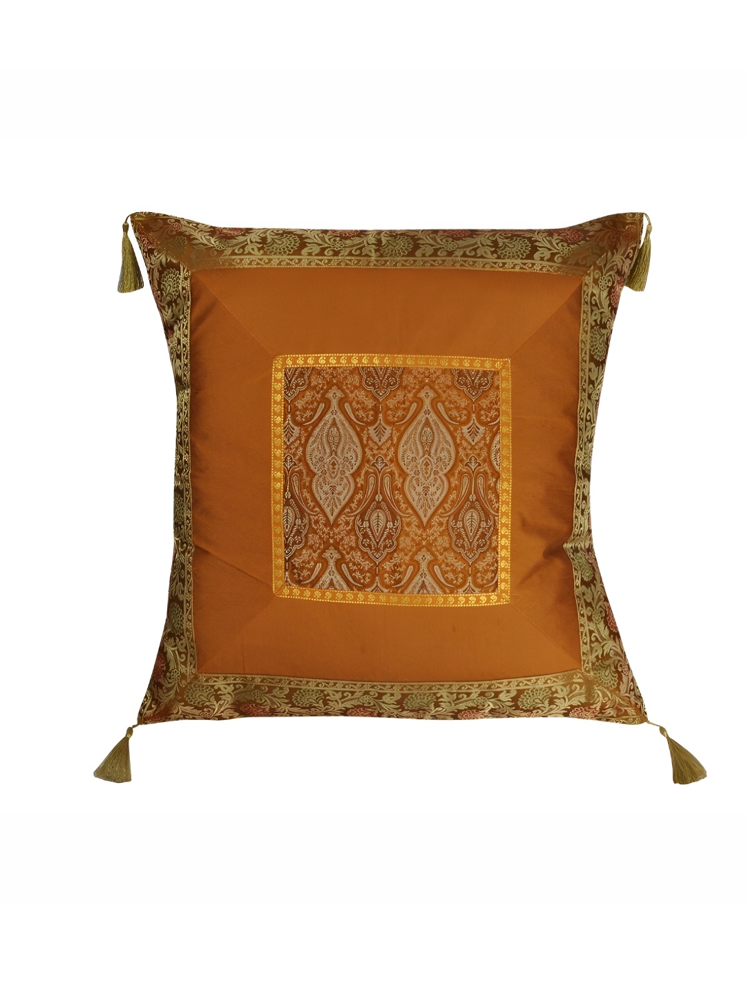 

Lal Haveli Gold Toned Ethnic Motifs Silk Square Cushion Cover