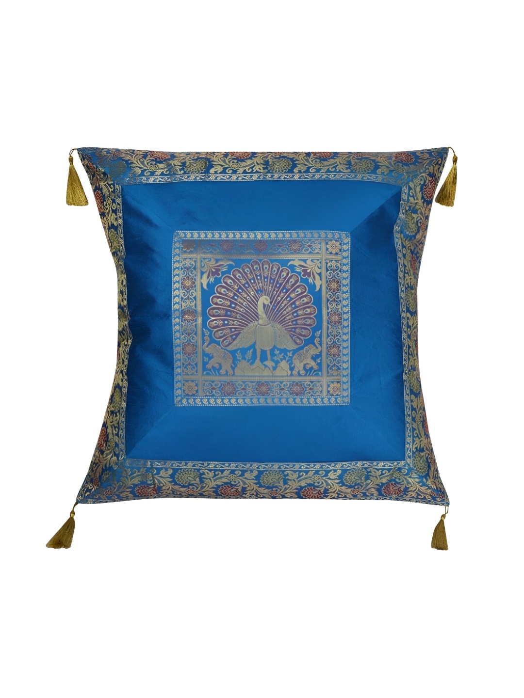 

Lal Haveli Turquoise Blue& Gold Toned Ethnic Motifs Silk Square Cushion Cover