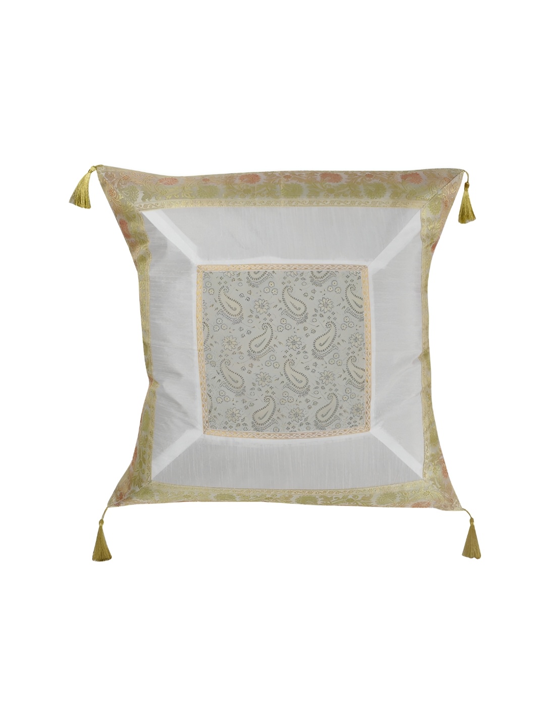 

Lal Haveli White & Gold Toned Ethnic Motifs Silk Square Cushion Cover