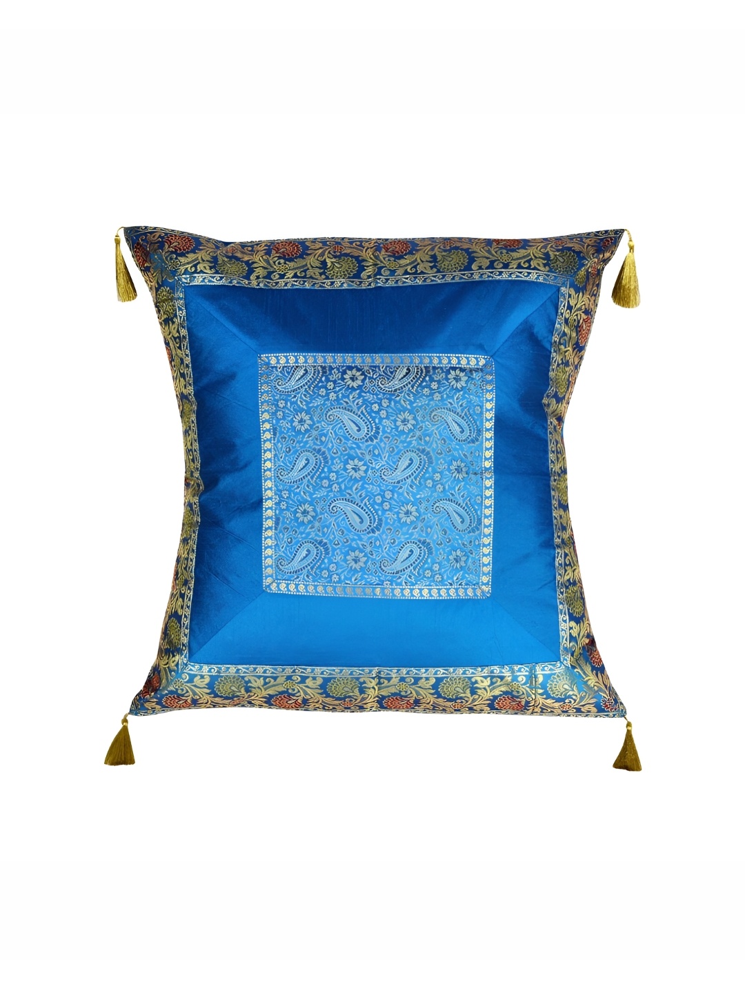 

Lal Haveli Turquoise Blue & Gold Toned Ethnic Motifs Silk Square Cushion Cover