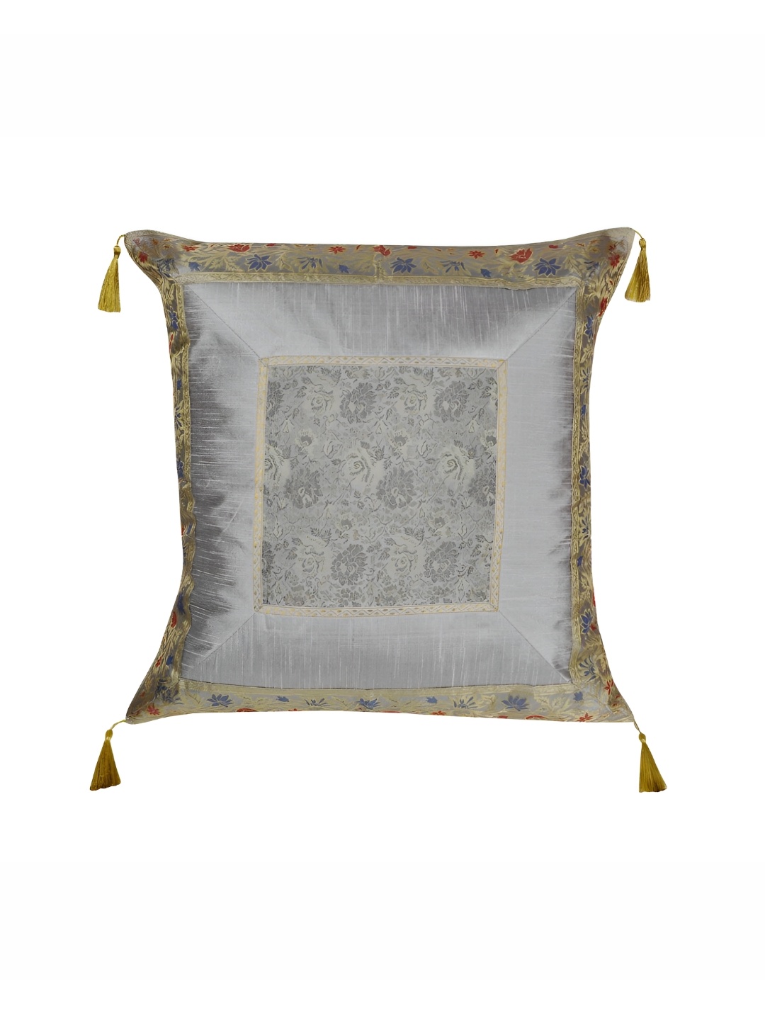 

Lal Haveli Grey & Gold Toned Ethnic Motifs Silk Square Cushion Cover