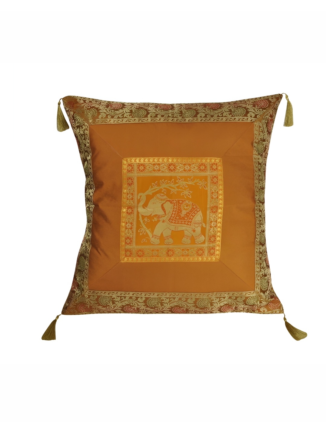 

Lal Haveli Gold Toned Ethnic Motifs Silk Square Cushion Cover