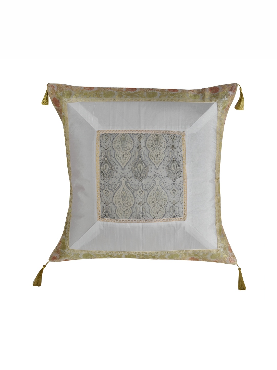 

Lal Haveli White & Gold Toned Ethnic Motifs Silk Square Cushion Cover