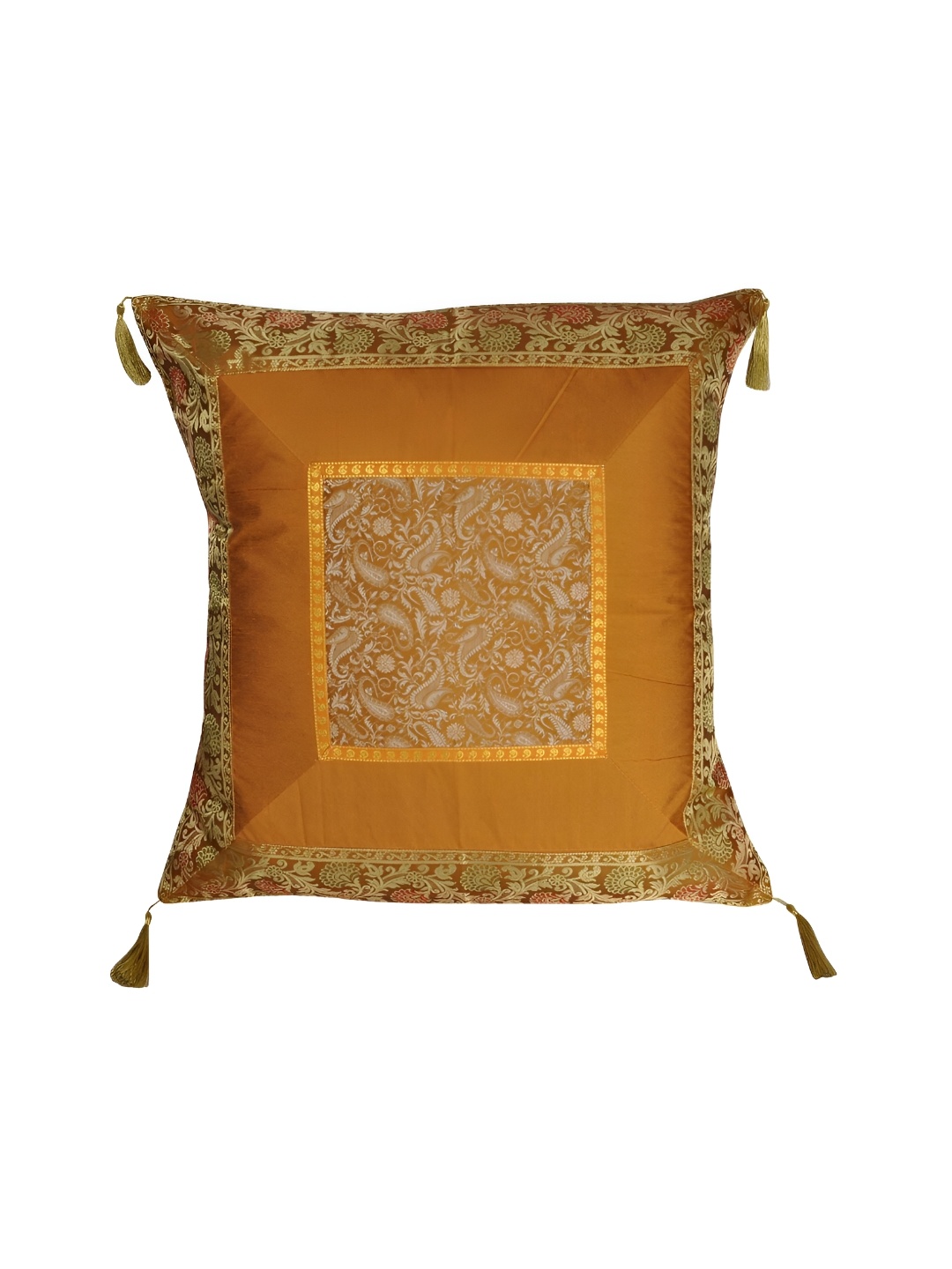 

Lal Haveli Gold Toned Ethnic Motifs Silk Square Cushion Cover
