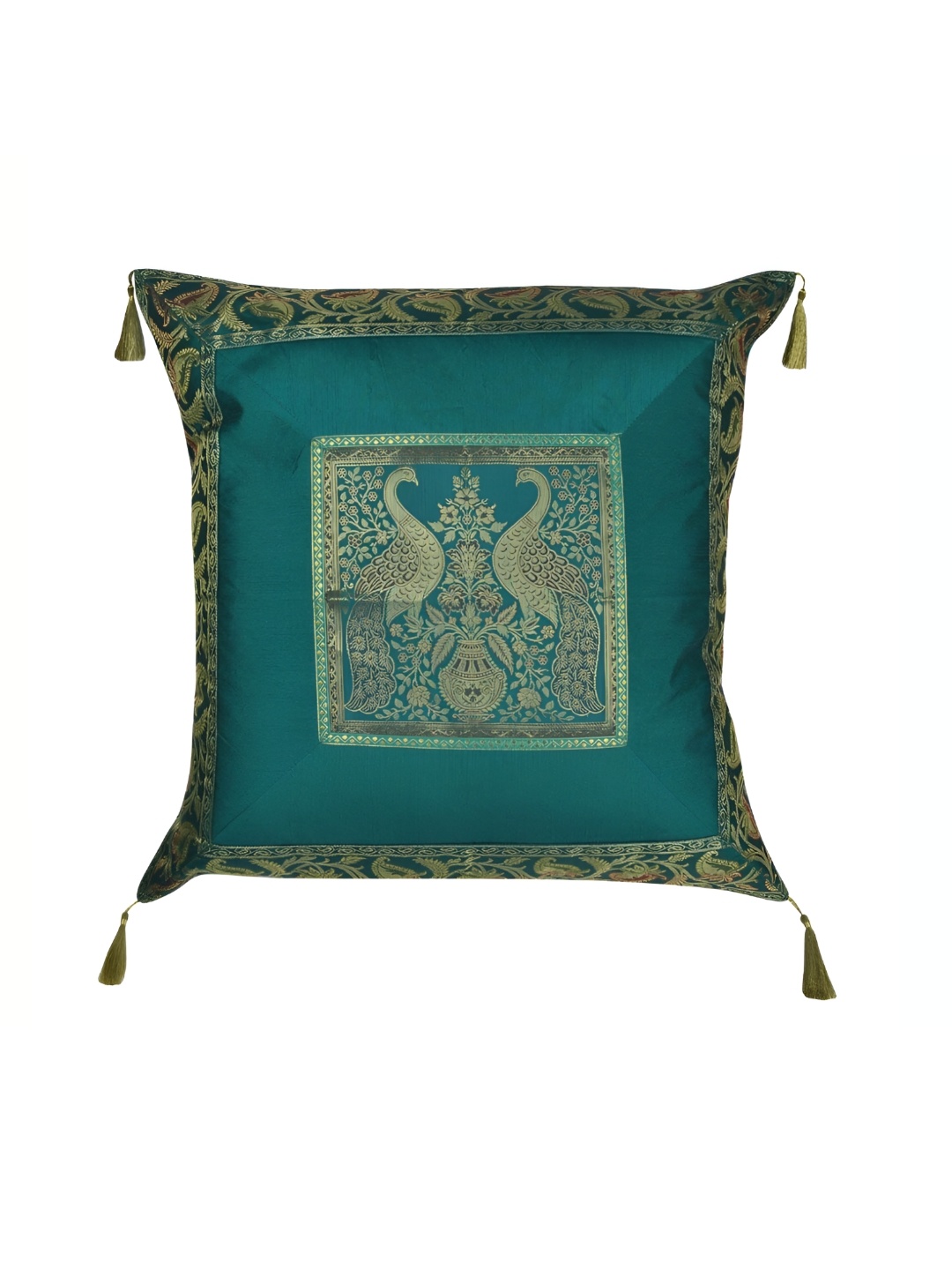 

Lal Haveli Green & Gold Toned Ethnic Motifs Silk Square Cushion Cover