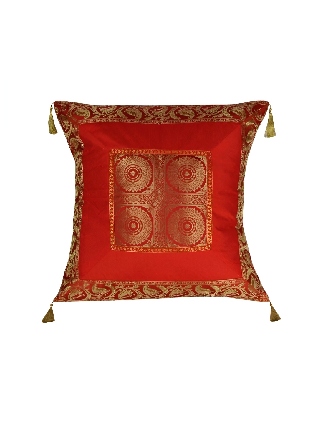 

Lal Haveli Red & Gold Toned Ethnic Motifs Silk Square Cushion Cover