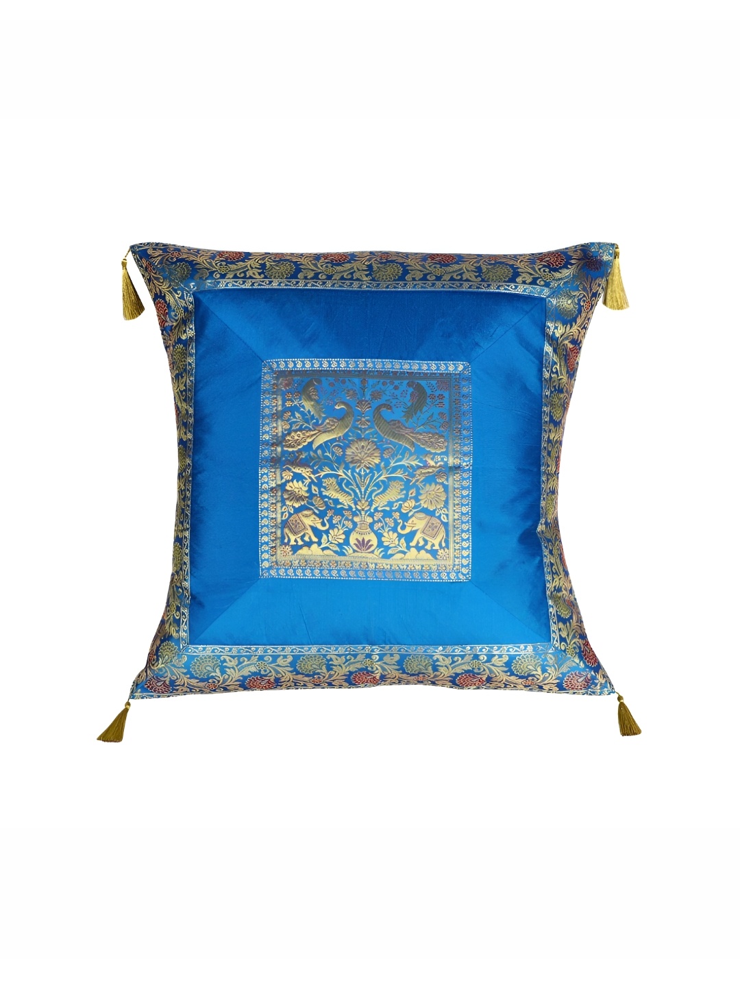 

Lal Haveli Turquoise Blue & Gold Toned Ethnic Motifs Silk Square Cushion Cover