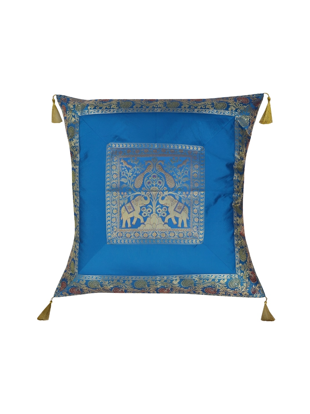 

Lal Haveli Turquoise Blue & Gold Toned Ethnic Motifs Silk Square Cushion Cover