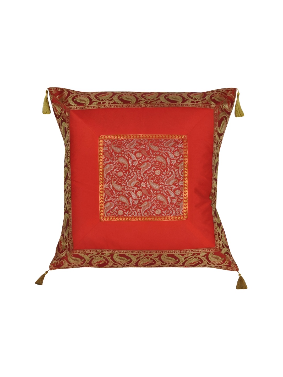 

Lal Haveli Red & Gold Toned Ethnic Motifs Silk Square Cushion Cover