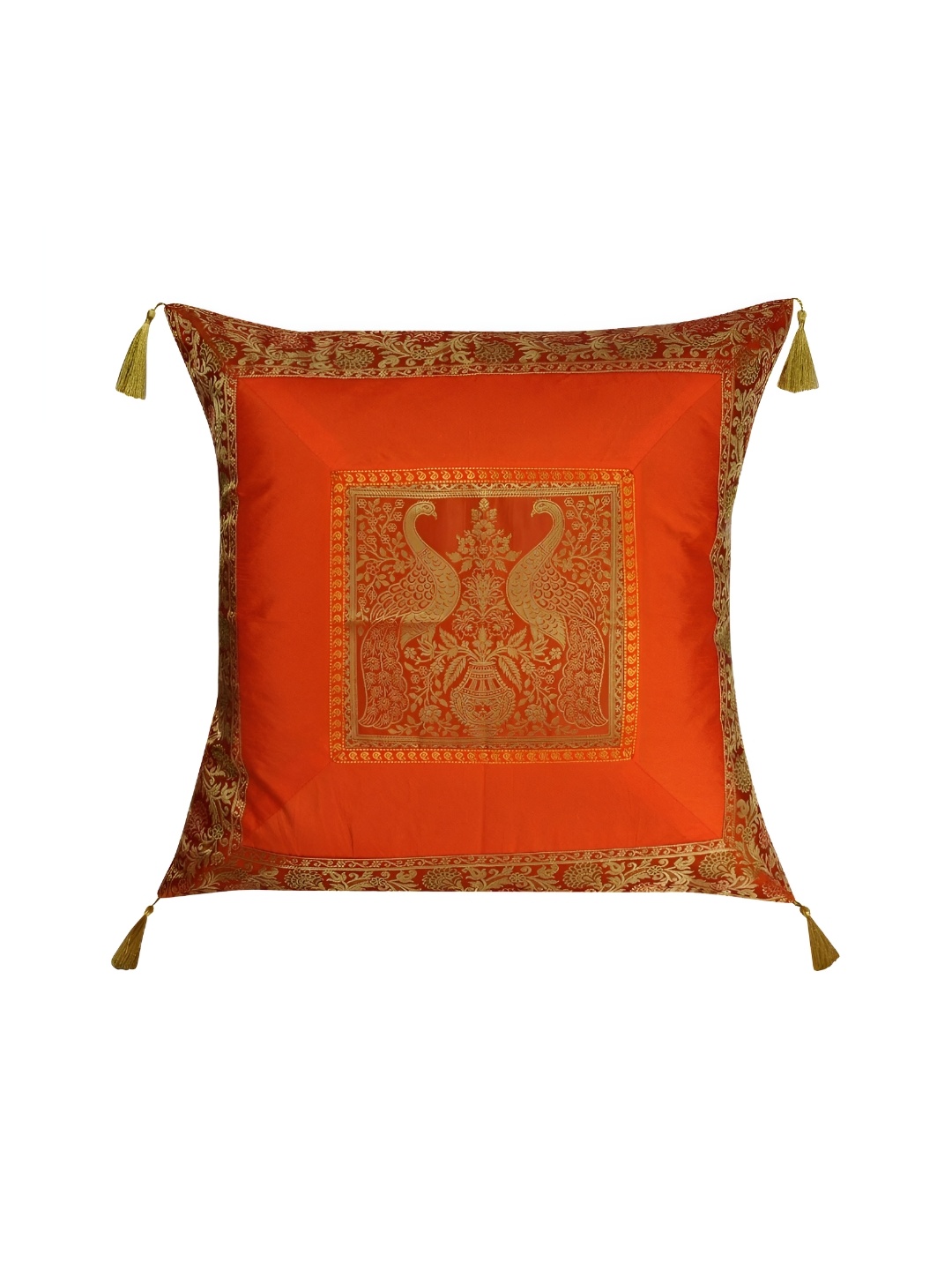 

Lal Haveli Orange Ethnic Motifs Silk Square Cushion Cover