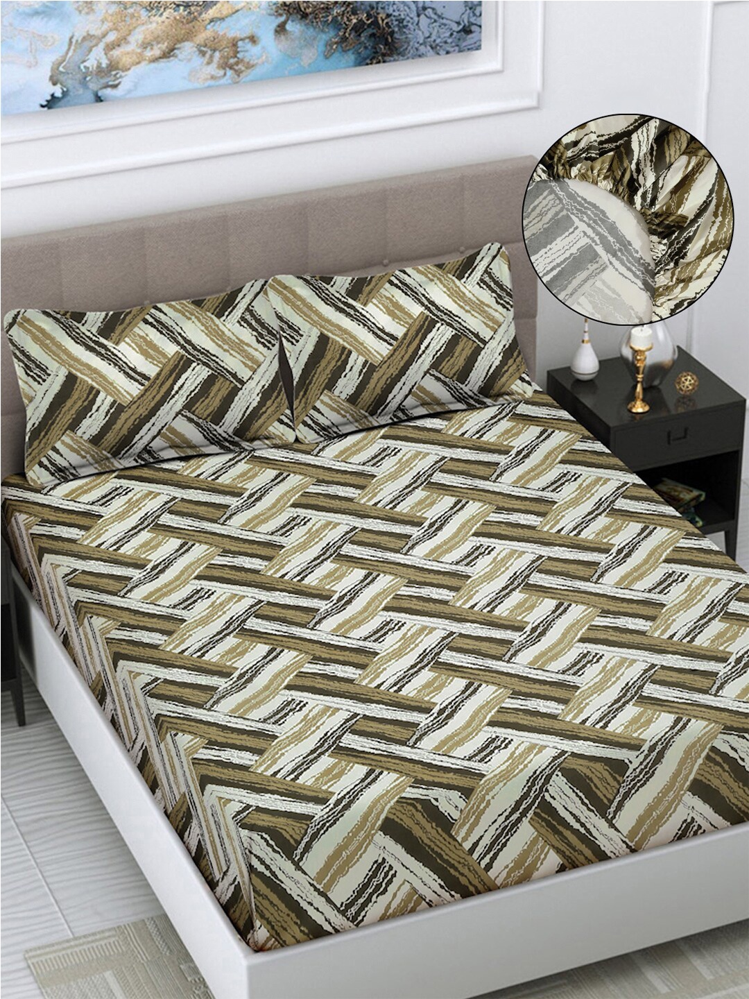 

FABINALIV Green & White Geometric Print 300 TC Fitted King Bedsheet & 2 Pillow Covers, Olive
