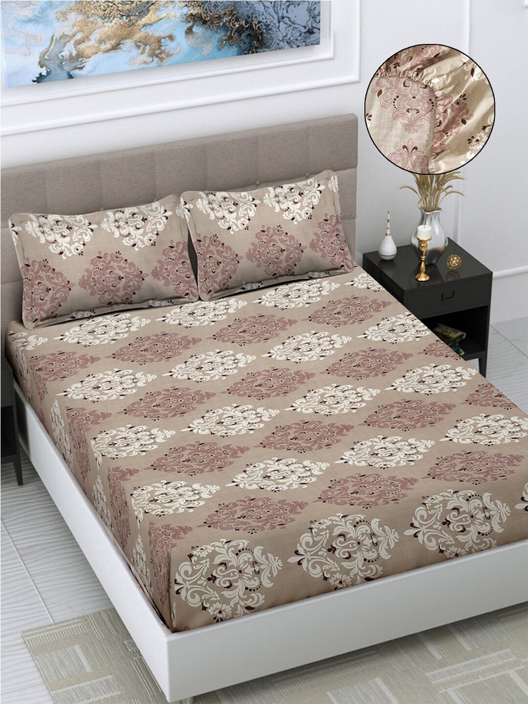 

FABINALIV Brown & White Ethnic Motifs 300 TC King Fitted Bedsheet with 2 Pillow Covers