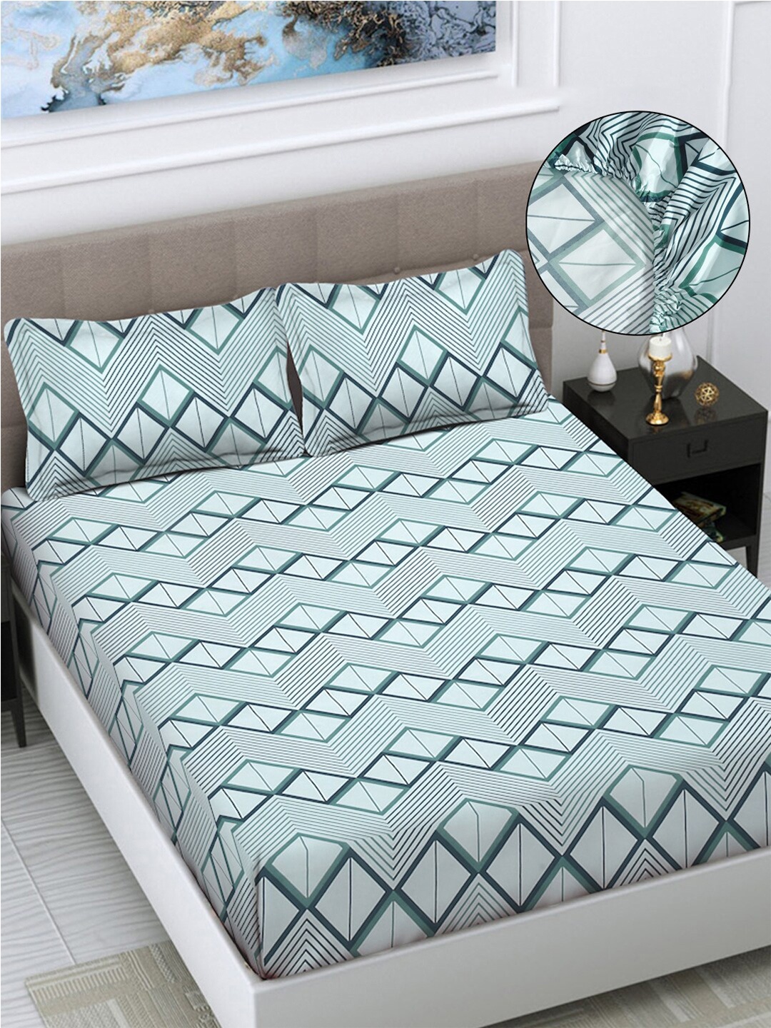

FABINALIV Green Geometric 300 TC King Fitted Bedsheet with 2 Pillow Covers