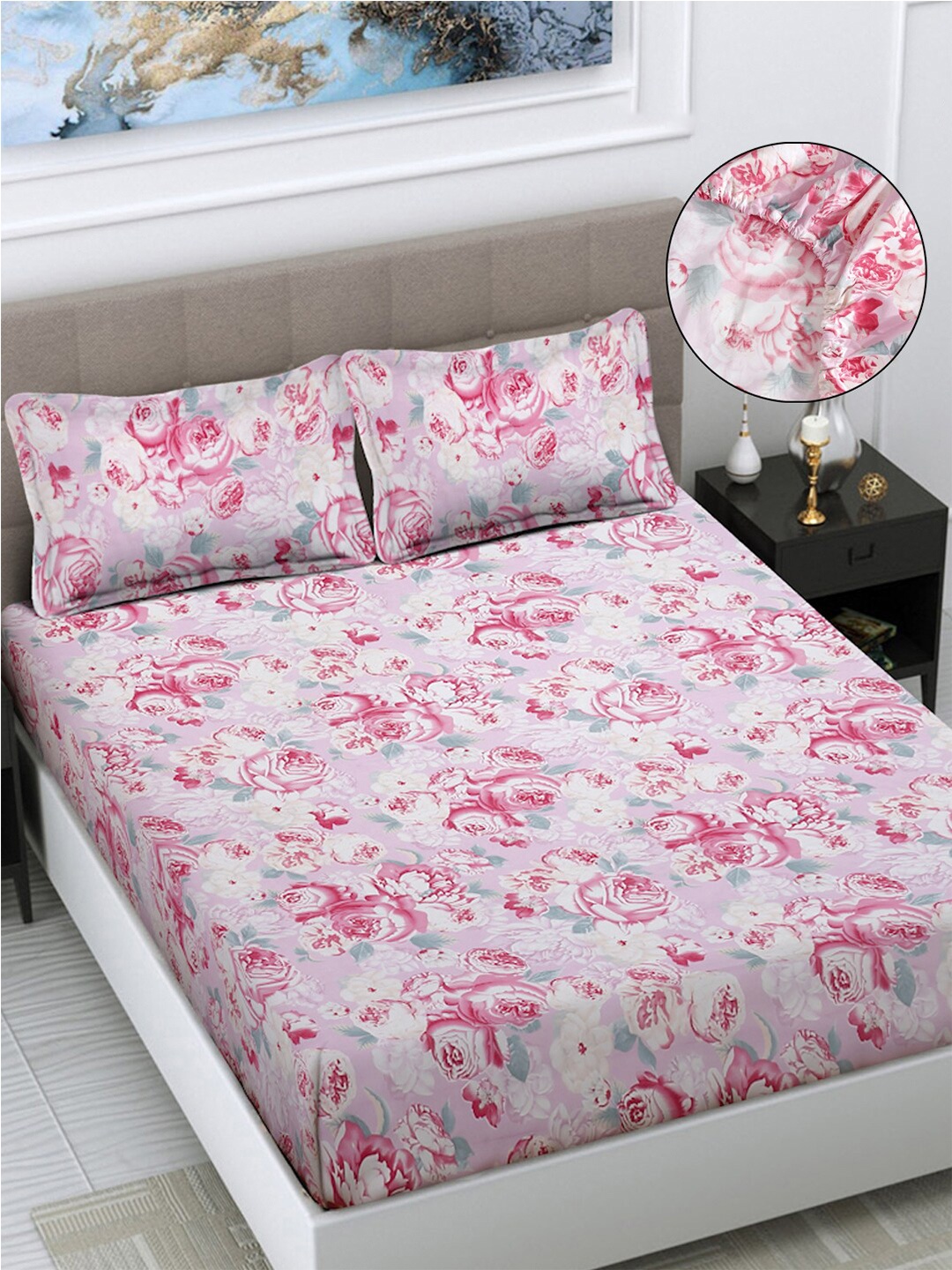 

FABINALIV Pink & White Floral 300 TC Fitted King Bedsheet with 2 Pillow Covers