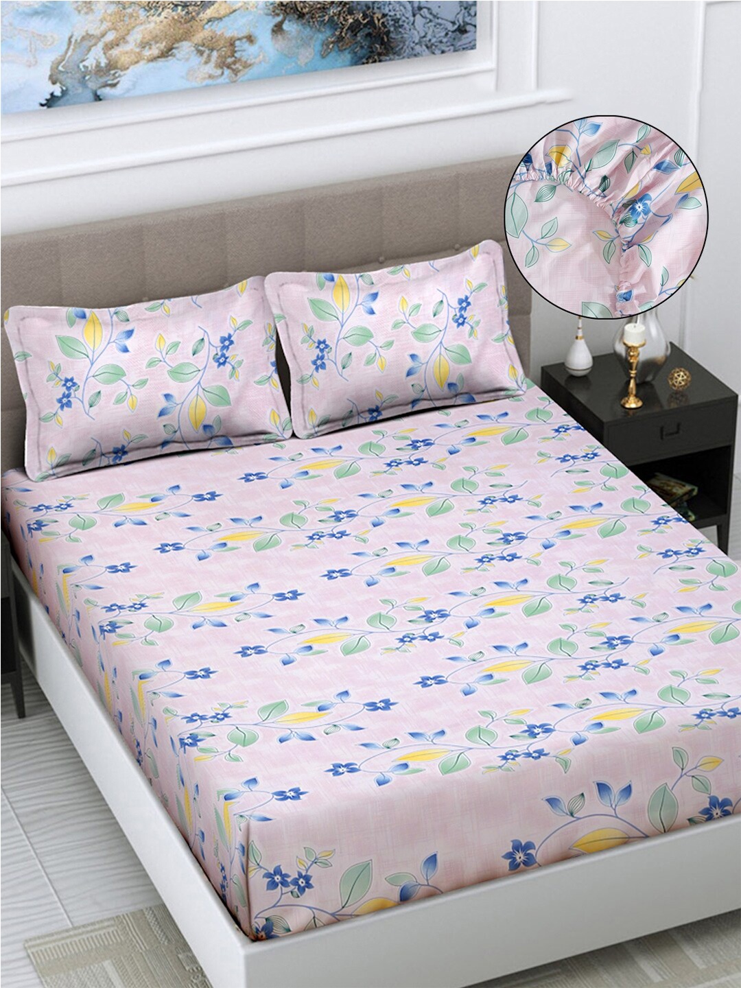 

FABINALIV Pink & Blue Floral Print 300 TC Fitted King Bedsheet & 2 Pillow Covers