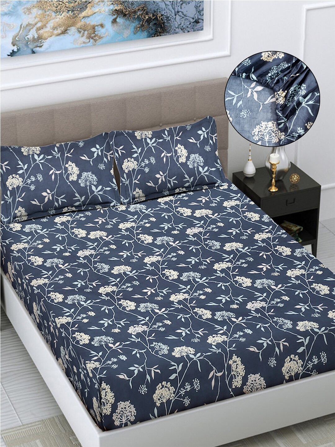 

FABINALIV Navy Blue & Green Floral Print 300 TC Fitted King Bedsheet & 2 Pillow Covers