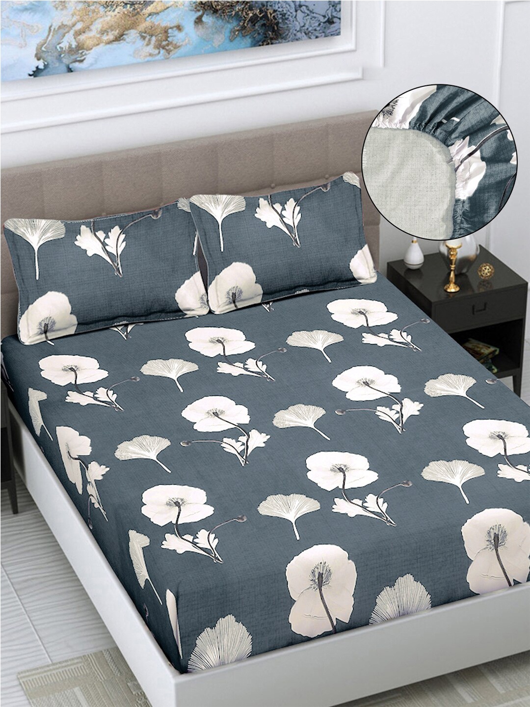 

FABINALIV Grey & White Floral 300 TC King Fitted Bedsheet with 2 Pillow Covers