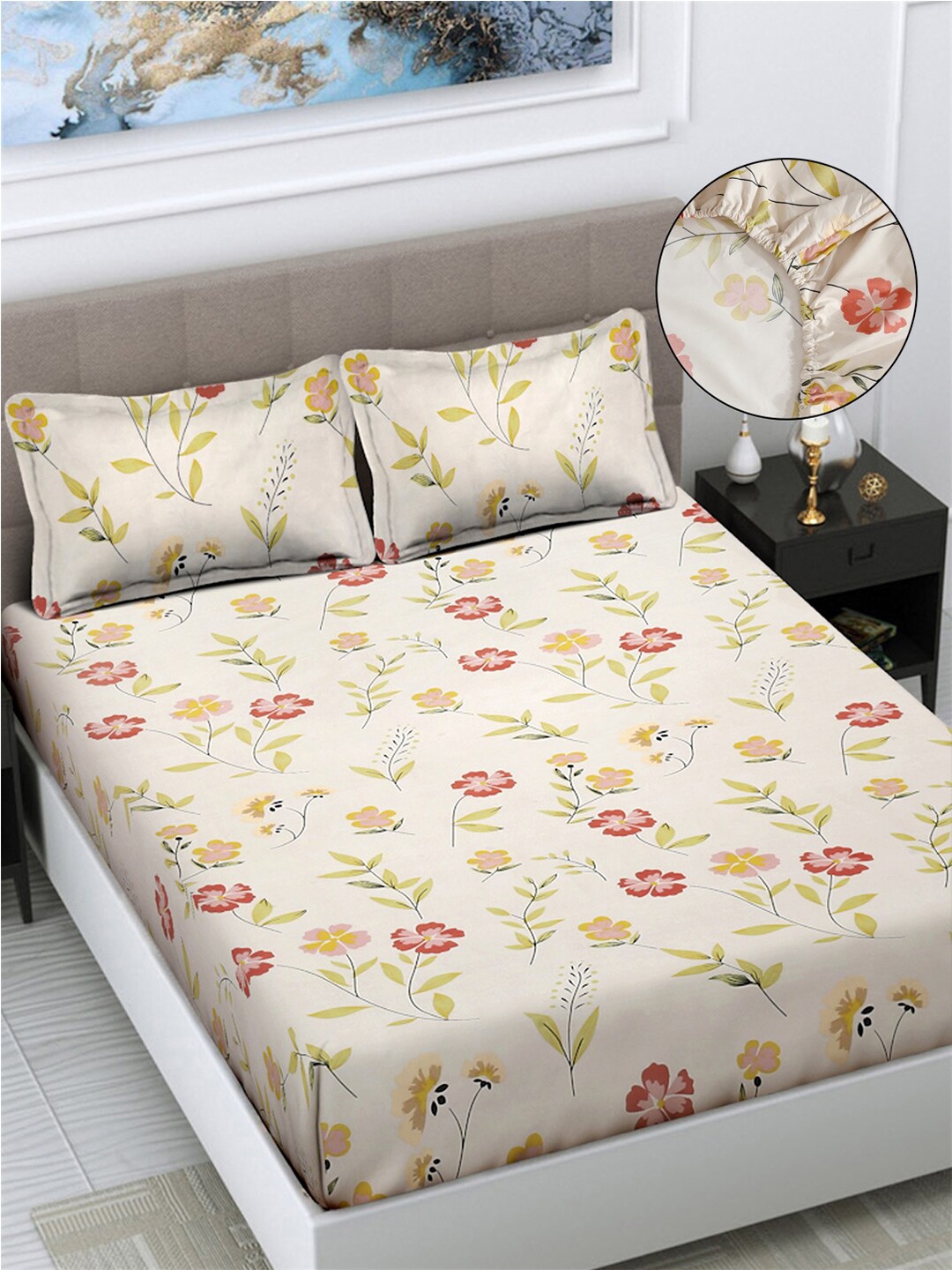 

FABINALIV Cream & Red Floral Print 300 TC Fitted King Bedsheet & 2 Pillow Covers