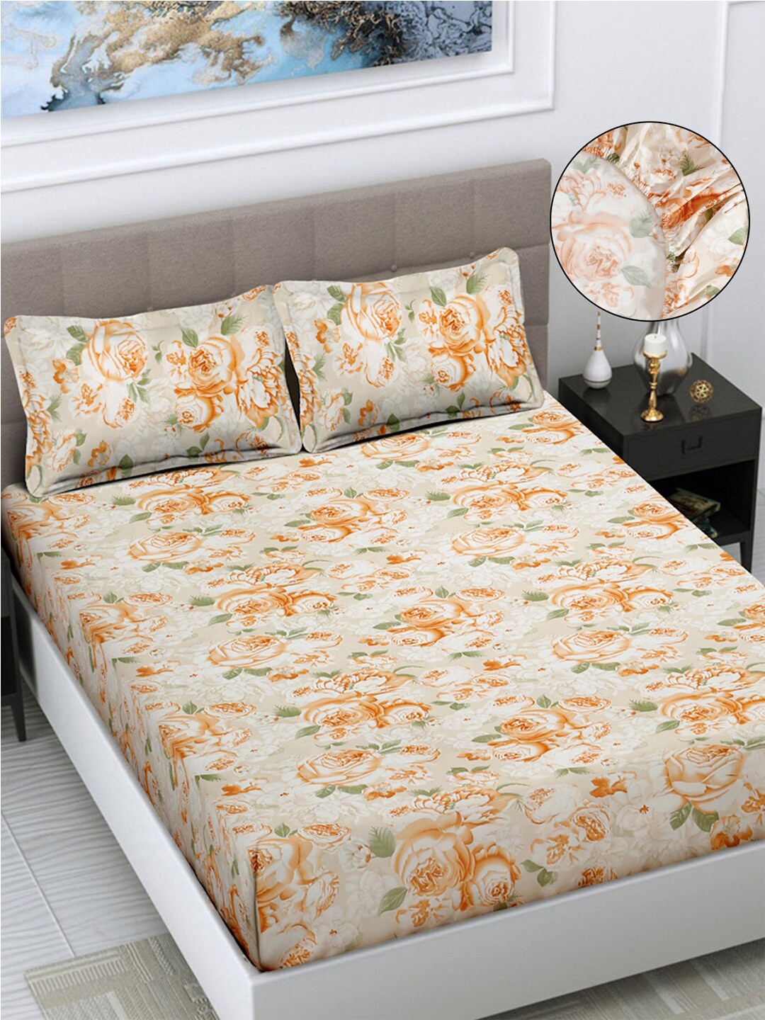 

FABINALIV Cream & Orange Floral 300 TC Fitted King Bedsheet With 2 Pillow Covers
