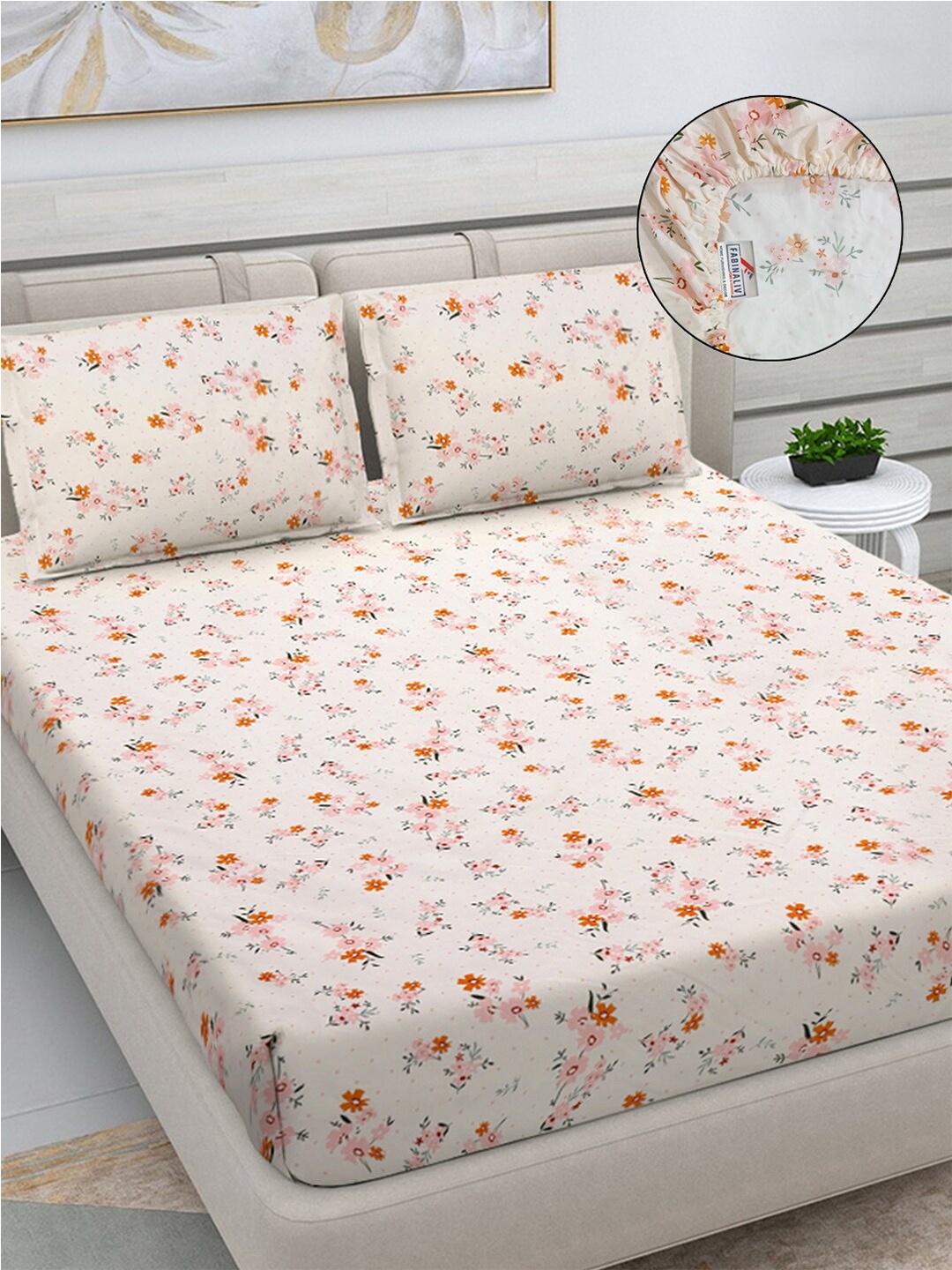 

FABINALIV Cream & Orange Floral 300 TC Fitted King Bedsheet With 2 Pillow Covers, White