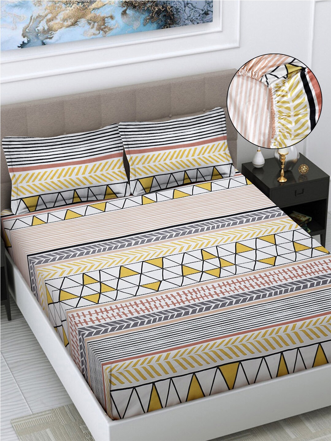 

FABINALIV White & Black Geometric 300 TC Fitted King Bedsheet Set- 2.50 m x 2.25 m