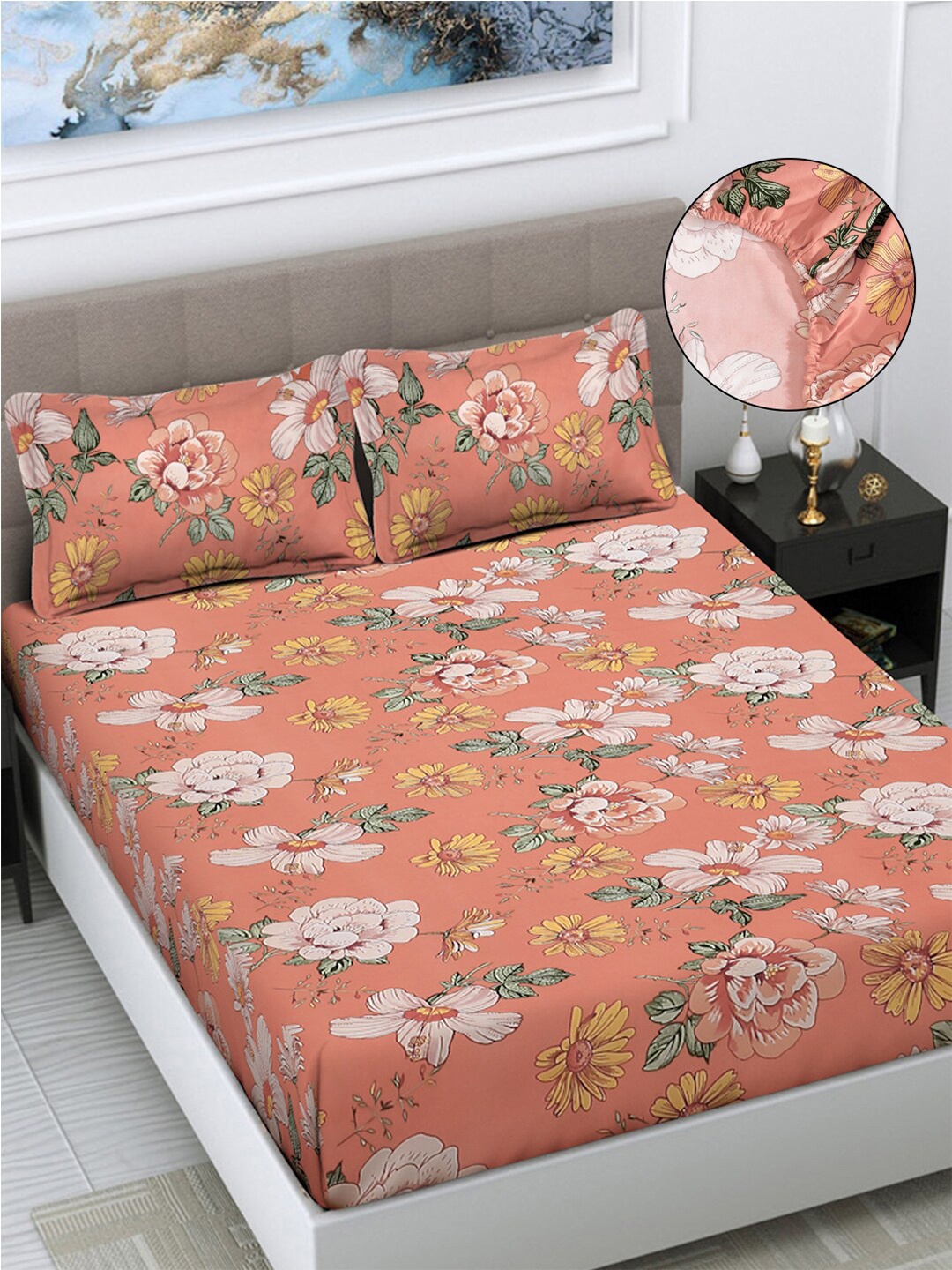 

FABINALIV Orange & White Floral 300 TC Fitted King Bedsheet with 2 Pillow Covers